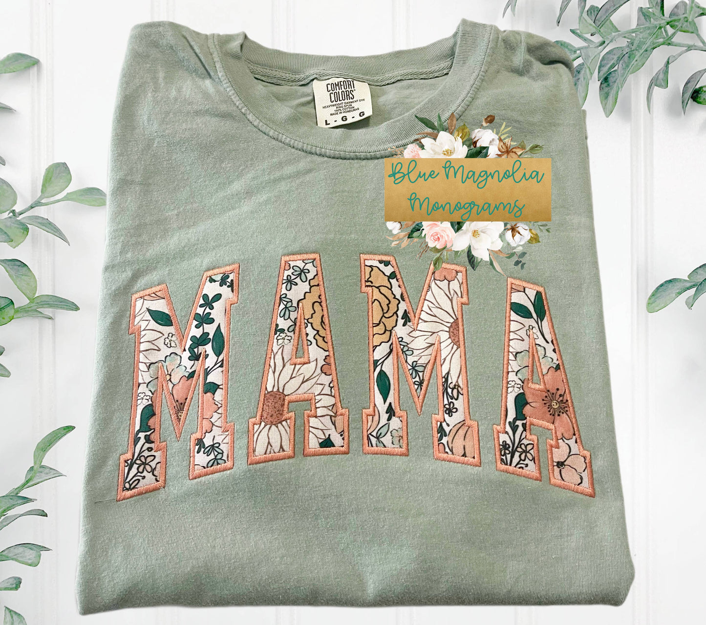 Retro Floral Mama Applique Comfort Colors T-Shirt