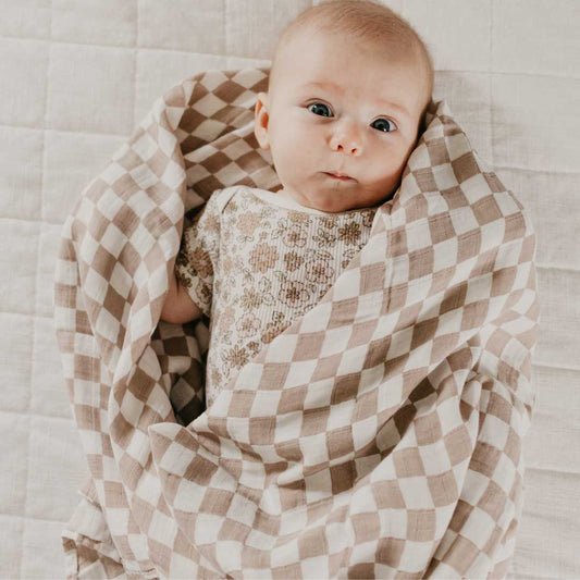 Bamboo Muslin Swaddle - Tan Checkerboard